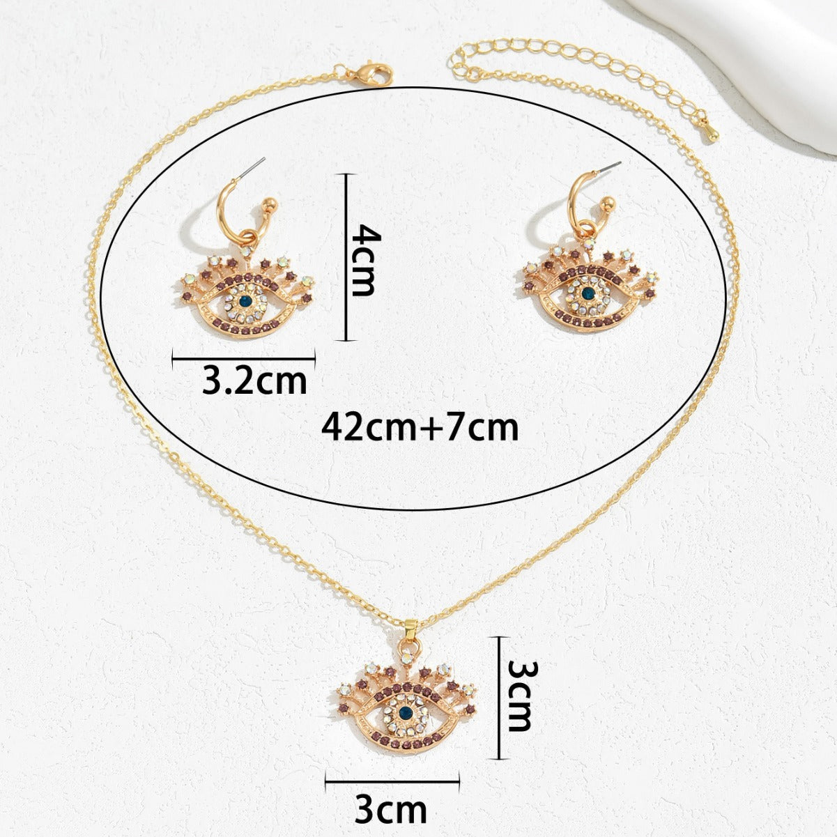 Conjunto de collar con colgante de ojo turco minimalista y pendientes de botón para mujer, de aleación con incrustaciones de diamantes de imitación