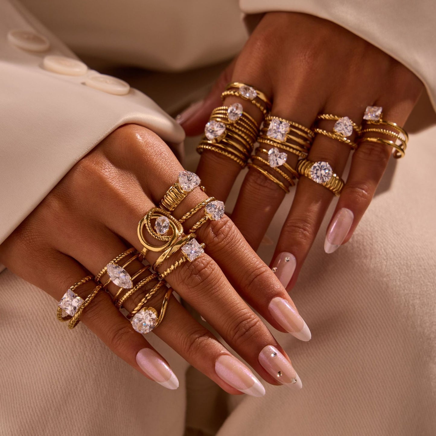 Luxury Geometric Stainless Steel Ring with Zircon Inlay and 18K Gold Plating Adjustable Women's Fashion Ring