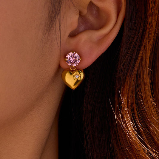 Vintage Style Heart-Shaped Stainless Steel Earrings with Gold Plating and Cubic Zirconia Inlay