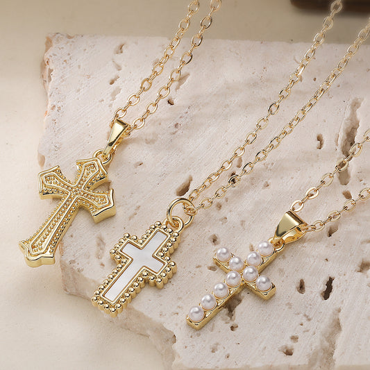 Minimalist Vintage Cross Gold Plated Brass Pendant Necklace for Women