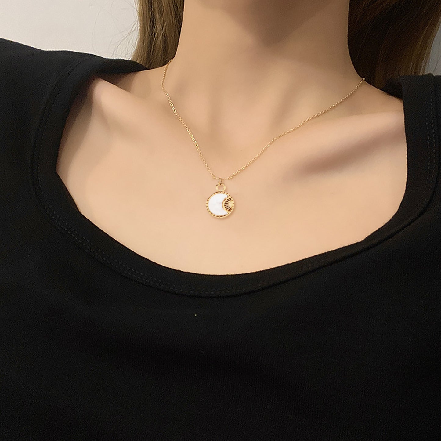 Minimalist Moon-Shaped White Abalone Pendant Necklace in Stainless Steel with 18K Gold Plating for Women