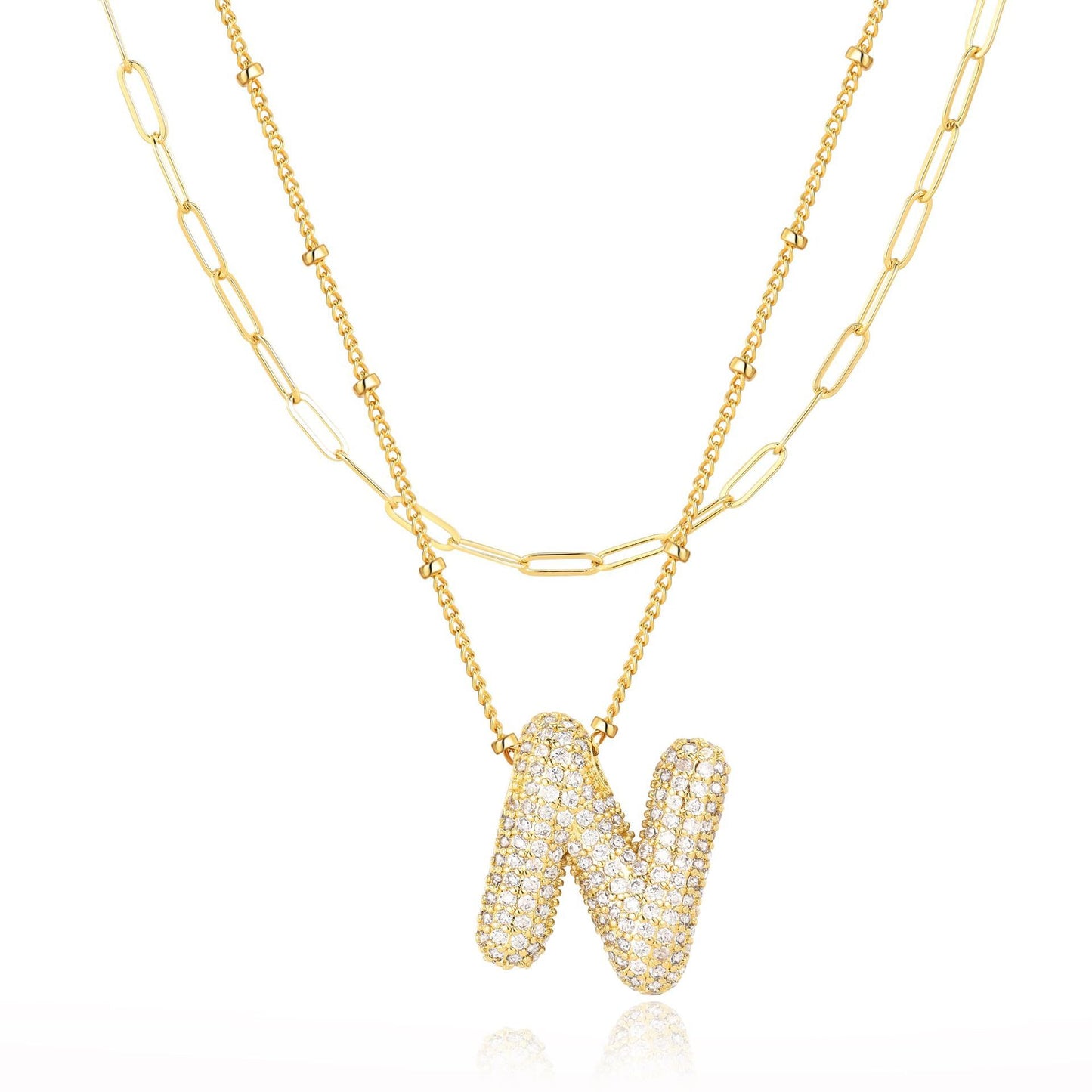 18K Gold Plated Brass Double Layer Letter Necklace Micro Pave Cubic Zirconia Serpentine Chain Women's Jewelry