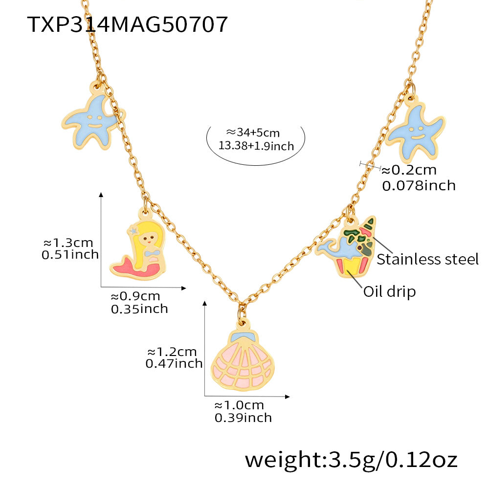 Lindo juego de collar y pulsera de sirena de acero inoxidable con colgante de acero de titanio y acabado chapado para niños