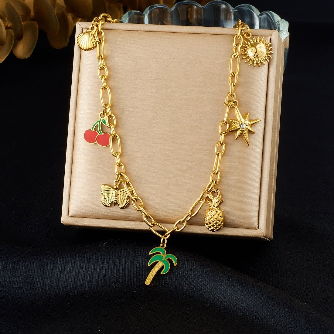 Sweet Drip Oil Stainless Steel Butterfly Plant Pendant Necklace with Cable Chain