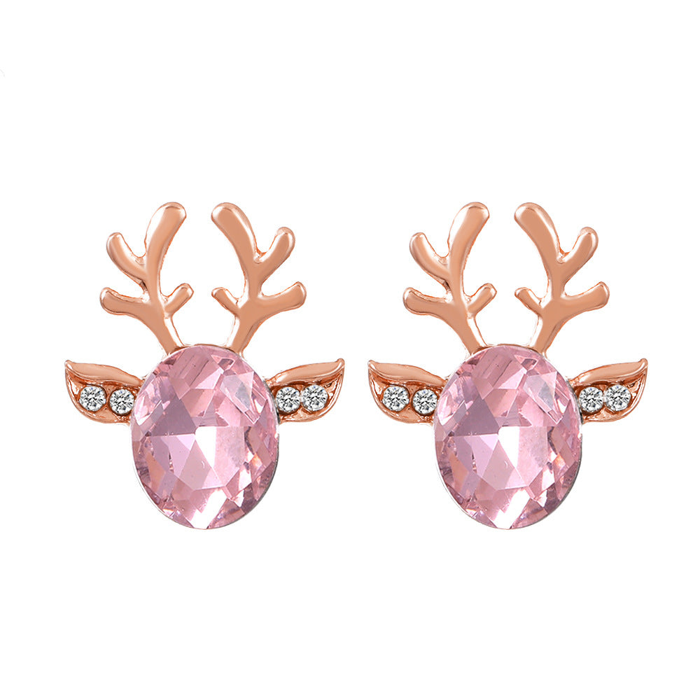Pendientes de tuerca coreanos con astas de ciervo de cristal para mujer, joyería navideña, aretes sin colgantes con forma de animal, a la moda