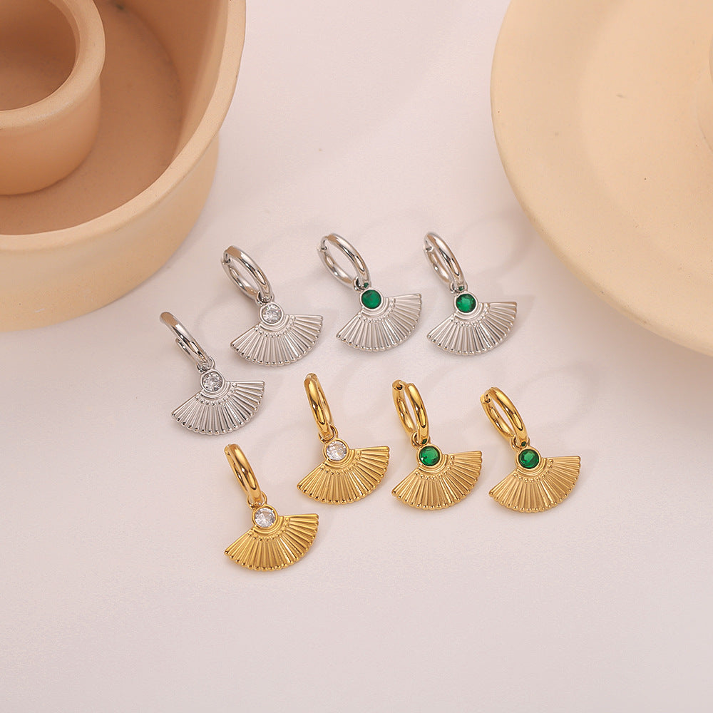 Orecchini Geometrici Vintage a Coda di Pesce a Ventaglio con Zircone Bianco e Smeraldo, Acciaio Inossidabile Placcato Oro 18K da Donna