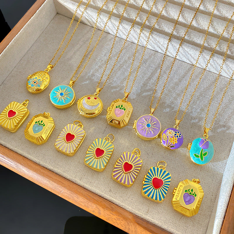 Vintage Drip Oil Floral Heart Oval Pendant Gold Plated Brass Necklace for Women