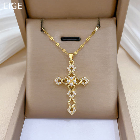 Sweet Minimalist Cross Titanium Steel Necklace with Cubic Zirconia for Unisex