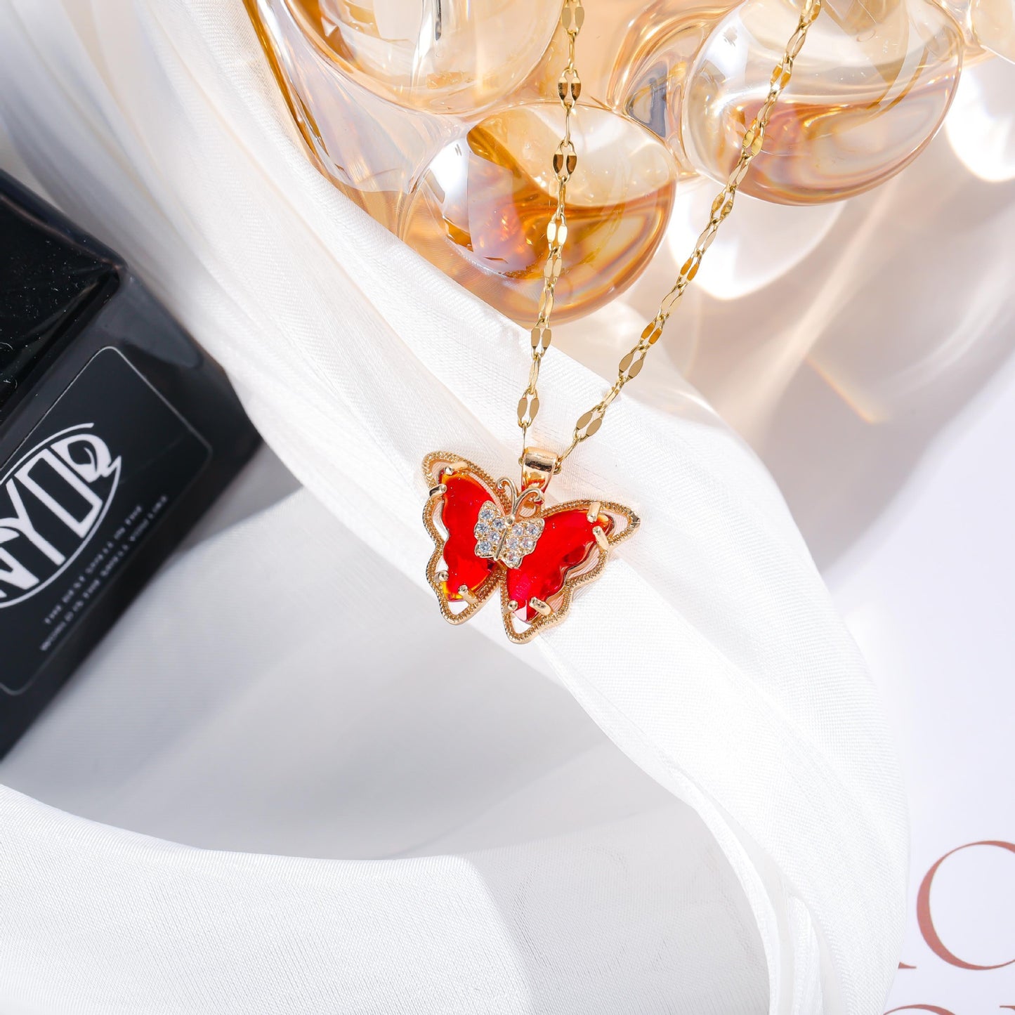 Minimalist Elegant Gold Plated Titanium Steel Butterfly Necklace with Crystal Inlay for Women