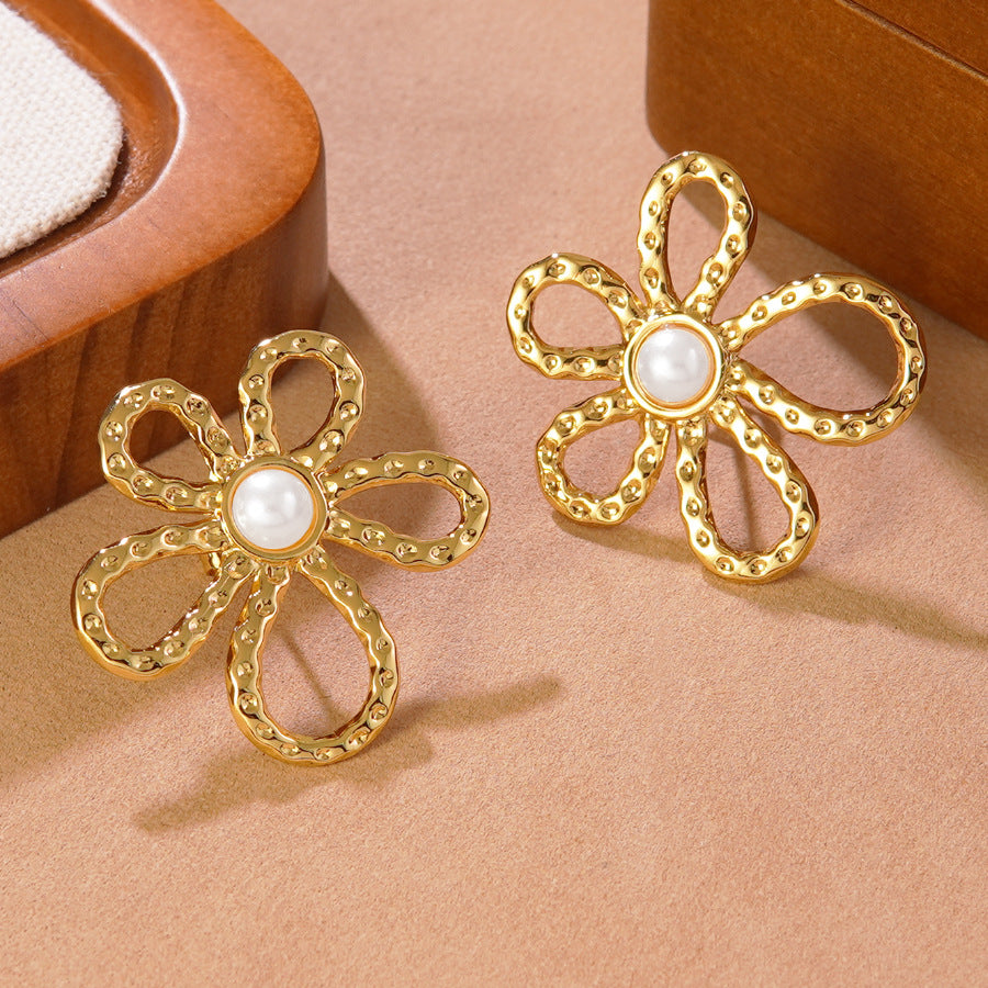 Luxury Stainless Steel Stamped Floral Stud Earrings for Women