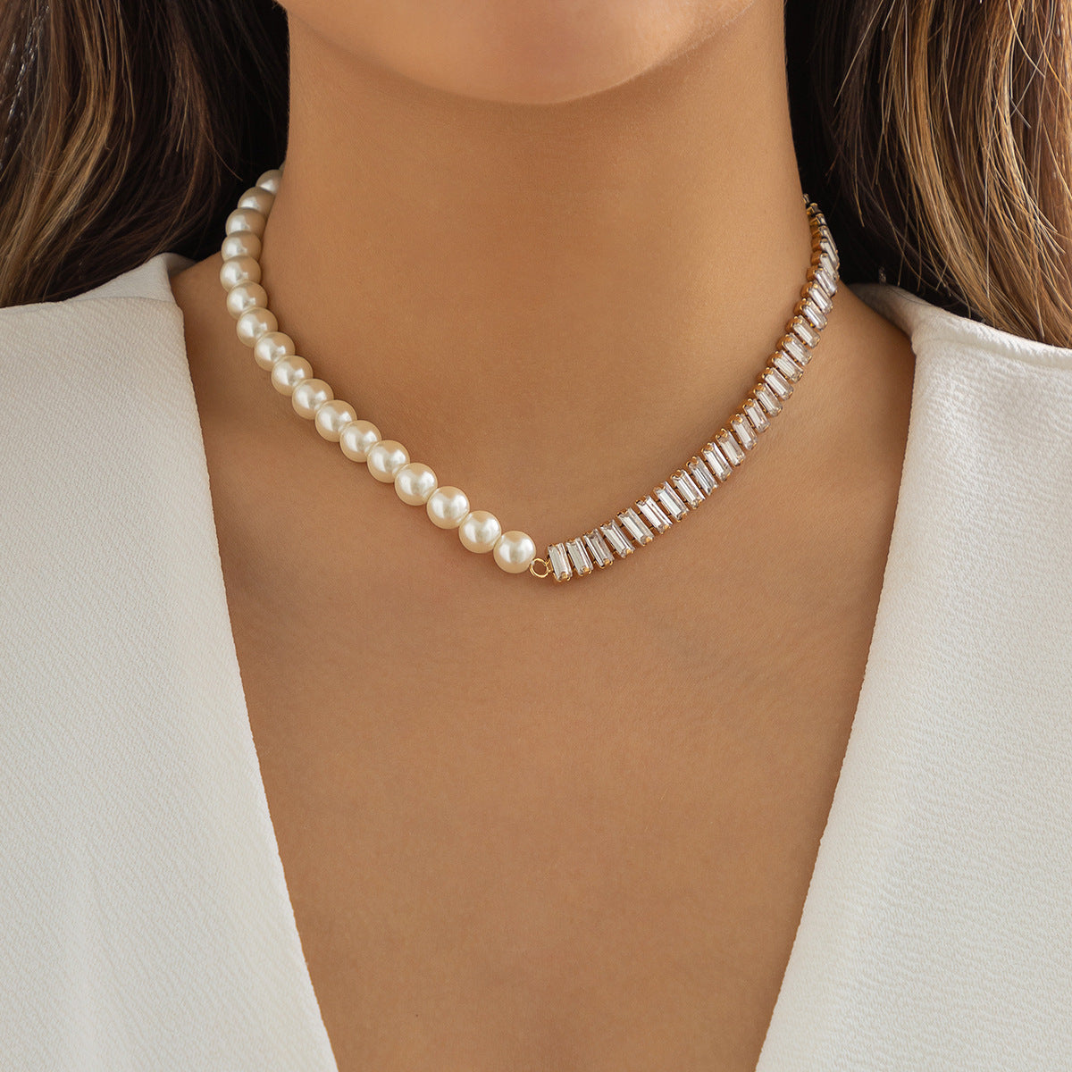 Minimalist Hip-hop Geometric Square Cubic Zirconia Pearl Rhinestone Claw Chain Necklace for Women