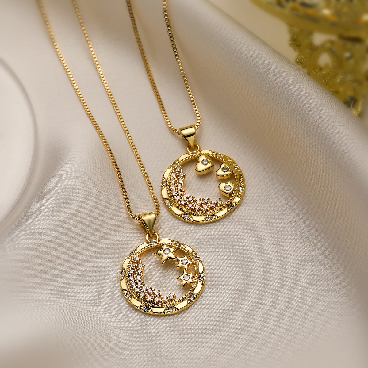 Minimalist Geometric Star and Heart Pendant Necklace with Hollow-Out Design, Copper Base Plated in 18K Gold, Zircon Inlay