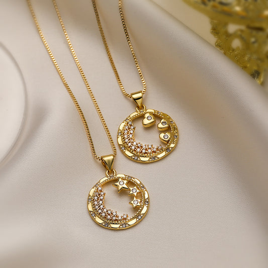 Minimalist Geometric Star and Heart Pendant Necklace with Hollow-Out Design, Copper Base Plated in 18K Gold, Zircon Inlay