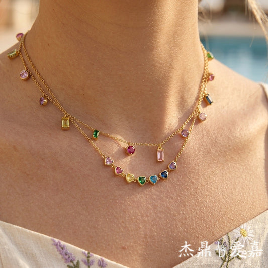 Minimalist 18K Gold Plated Geometric Heart Stainless Steel Necklace with Colorful Cubic Zirconia for Women
