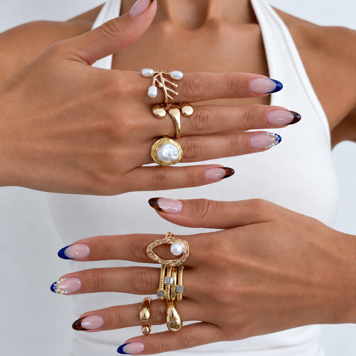 Luxury Elegant Geometric Oval Zinc Alloy Plated Ring with Rhinestone and Imitation Pearl for Women