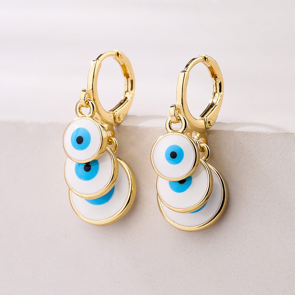 Minimalist Geometric Evil Eye Earrings for Women in Brass with Gold Plating and Enamel Finish
