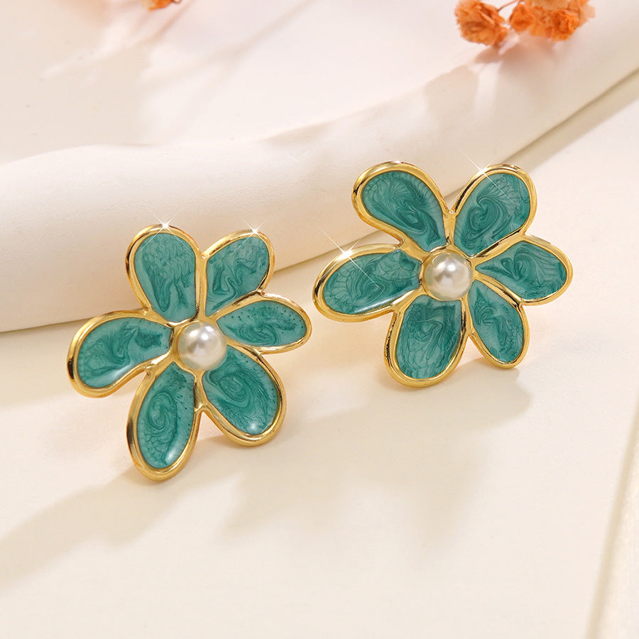 Orecchini pendenti vintage in acciaio inossidabile con perle e decorazione floreale a goccia