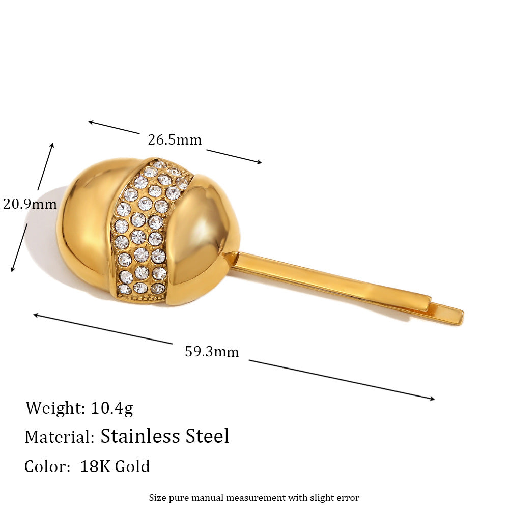 Fermaglio per Capelli Minimalista Creativo a Forma di Guscio d'Uovo per Donne in Acciaio Inossidabile con Placcatura in Oro 18K e Intarsi in Strass