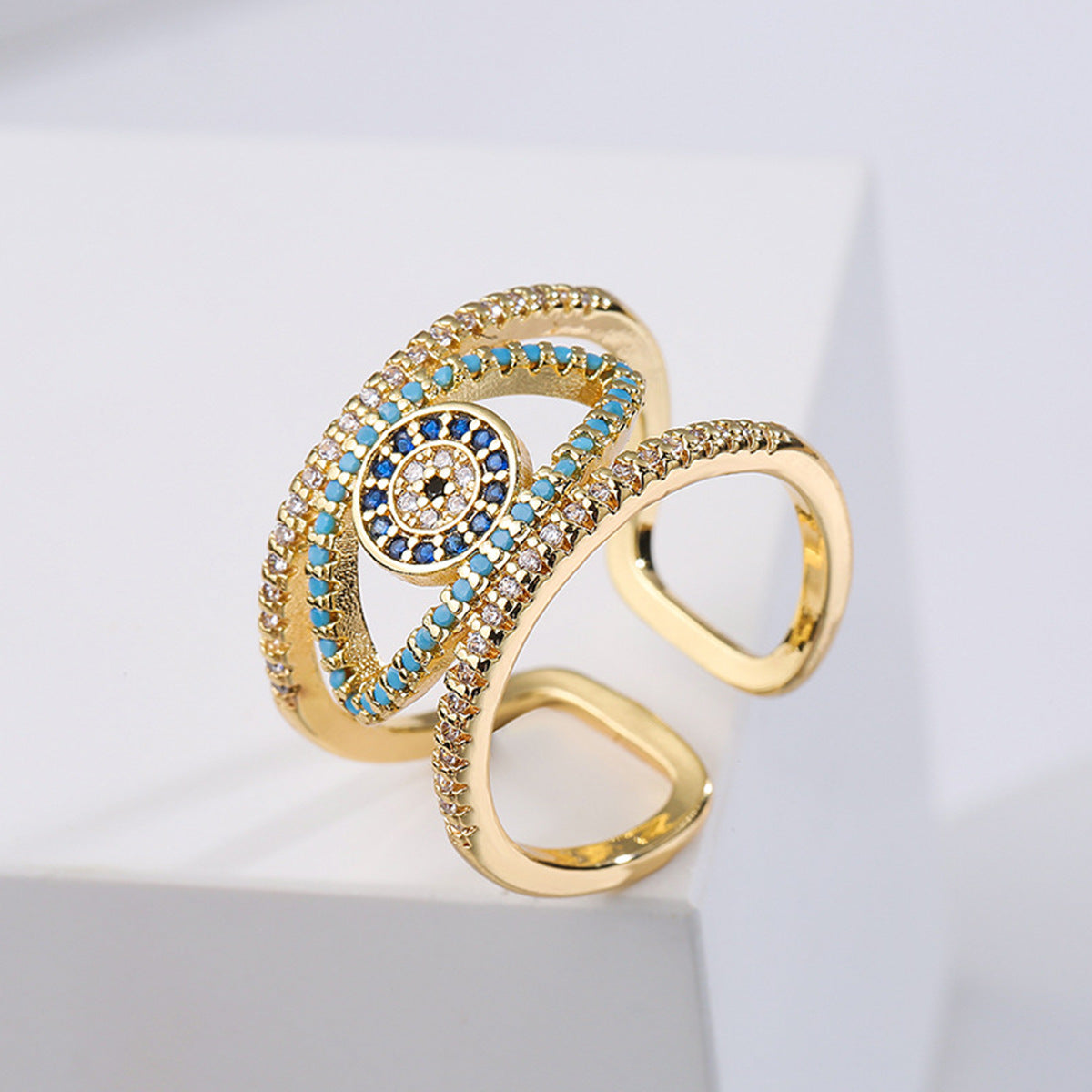 Vintage Elegant 18K Gold Plated Brass Geometric Micro-Inlaid Cubic Zirconia Evil Eye Open Ring for Women