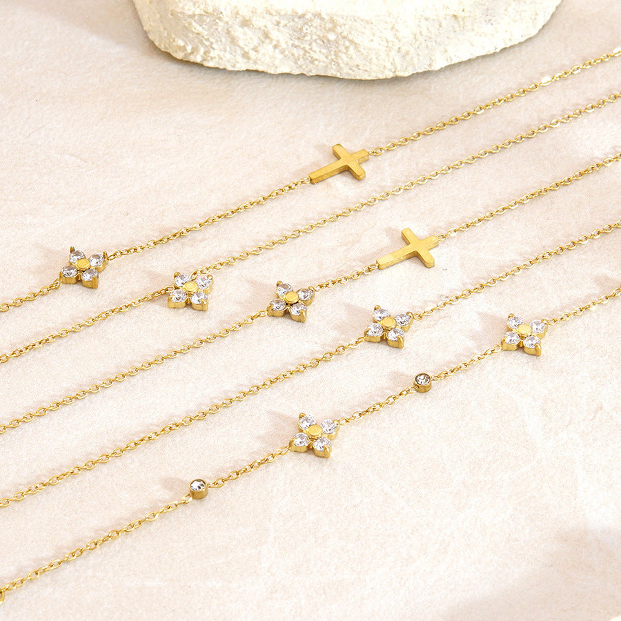 Sweet Elegant 18K Gold Plated Stainless Steel Cross Floral Necklace and Earring Set with Cubic Zirconia