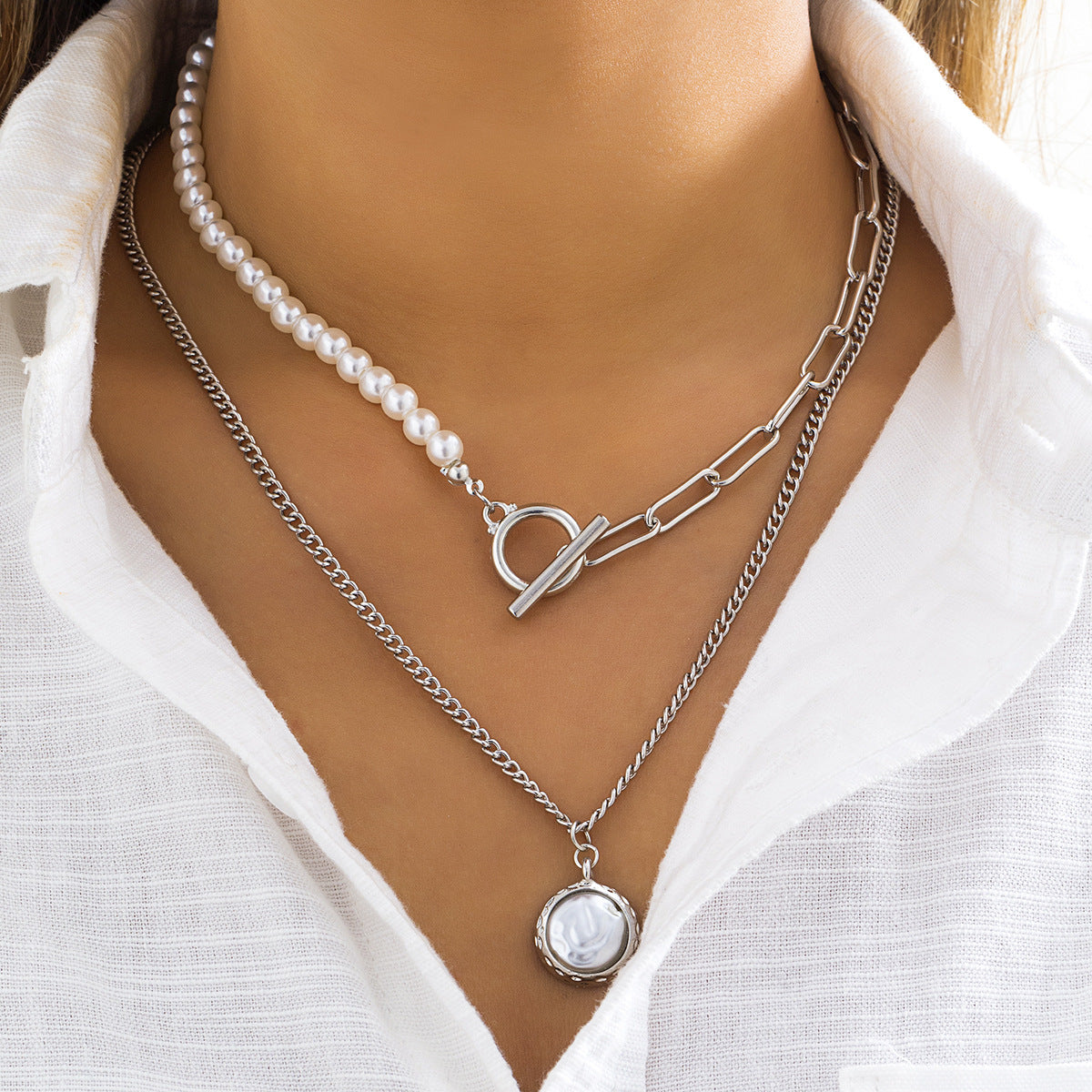 Sweet Plated Alloy Heart Star Round Faux Pearl Pendant Snake Chain Necklace for Women