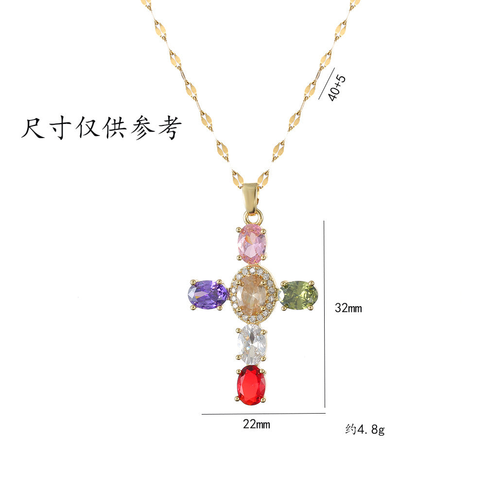 Vintage Sweet Cross Cubic Zirconia Inlay Titanium Steel Necklace for Women