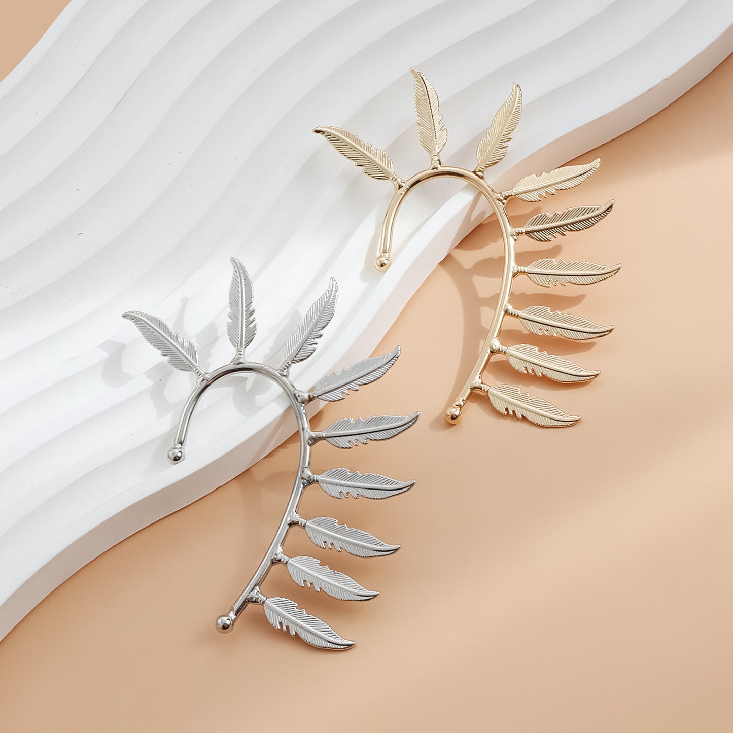 Exaggerated Alloy Plated Feather Ear Cuff for Women