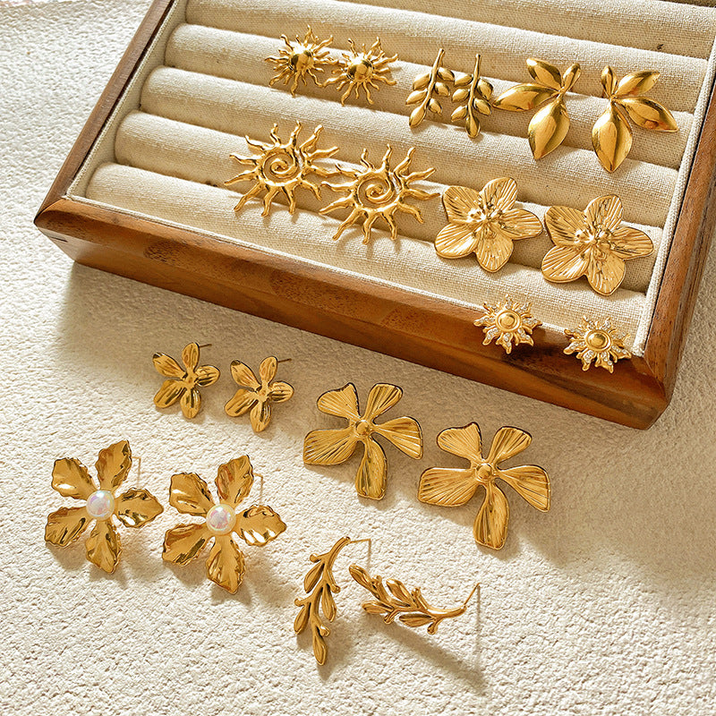 Sweet Sunflower Plant Brass Stud Earrings with Stainless Steel Posts