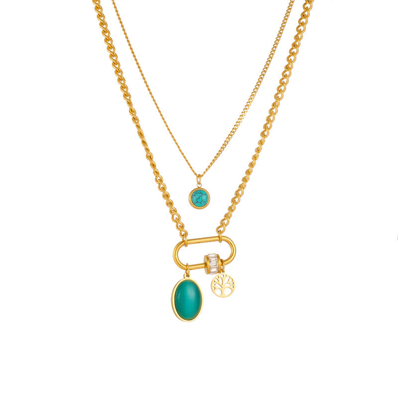 Collana Pendente Quadrata Turchese Minimalista Vintage con Catena Serpente Doppia Strato in Acciaio Inossidabile Placcato Oro