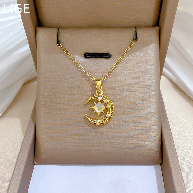 Sweet Elegant Moon Star Geometric Rhinestone Titanium Steel Necklace Unisex Cable Chain