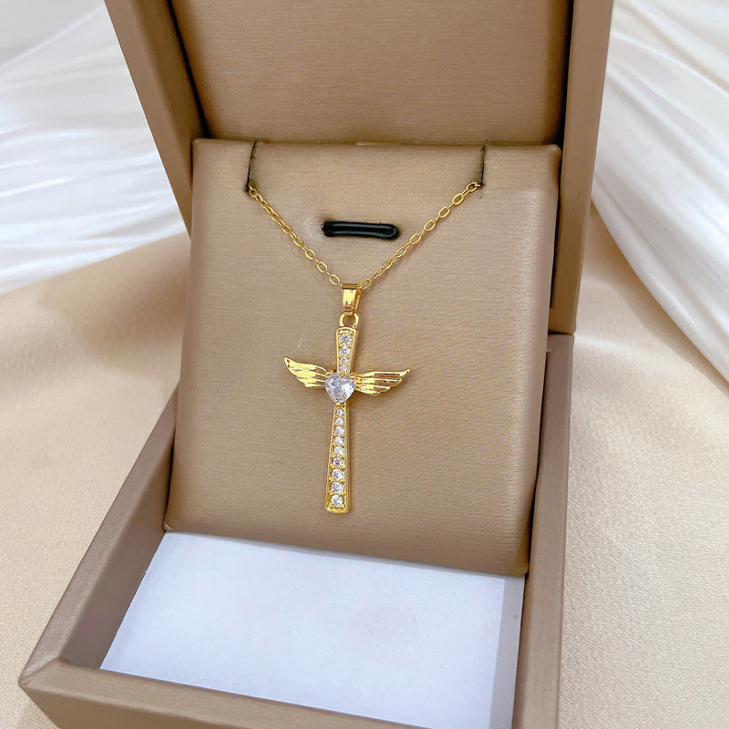 Luxury Titanium Steel Wing Cross Pendant Necklace for Women with Rhinestone Inlay Geometric Design Adjustable Clavicle Chain