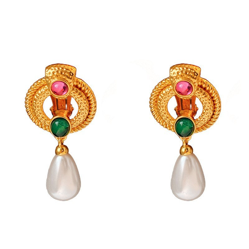 Orecchini a Cerchio Geometrici Artistici Vintage Stile Metà Secolo con Accenti di Perle, Base in Rame e Perni in Acciaio Elettroplaccato