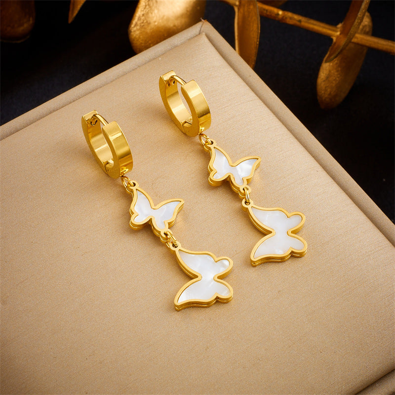 Vintage Style White Butterfly Shaped Titanium Steel Earrings with Plated Finish for Women