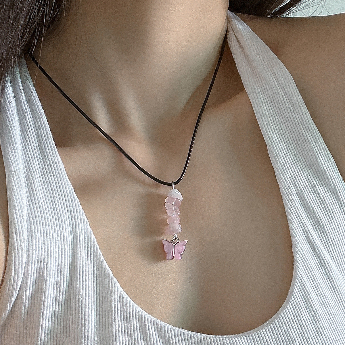 Collar de colgante rústico de mariposa con borlas, estrella, luna, amuleto de piedra irregular, cadena de aleación para mujer