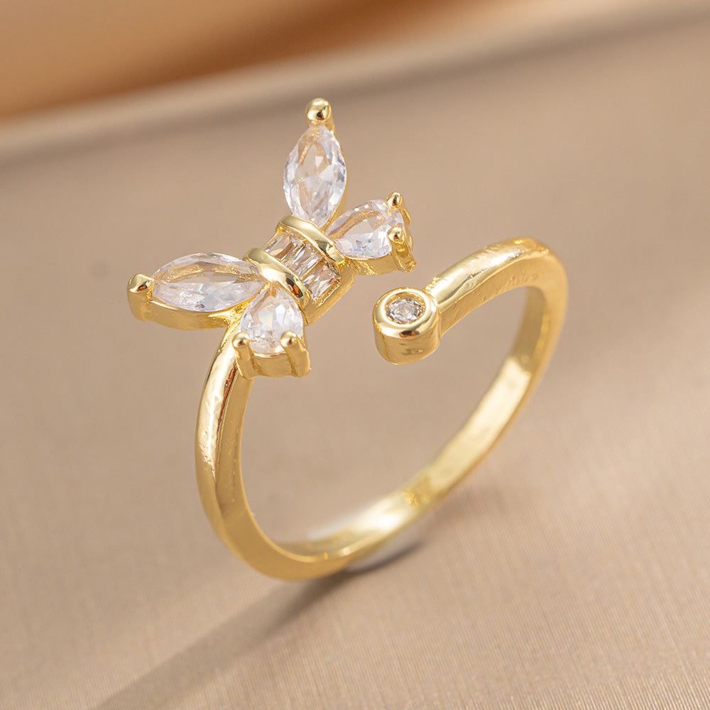 Luxury Minimalist Adjustable Open Ring for Women with Gold-Plated Copper Band and Zircon Stone Accent in Heart and Floral Shape