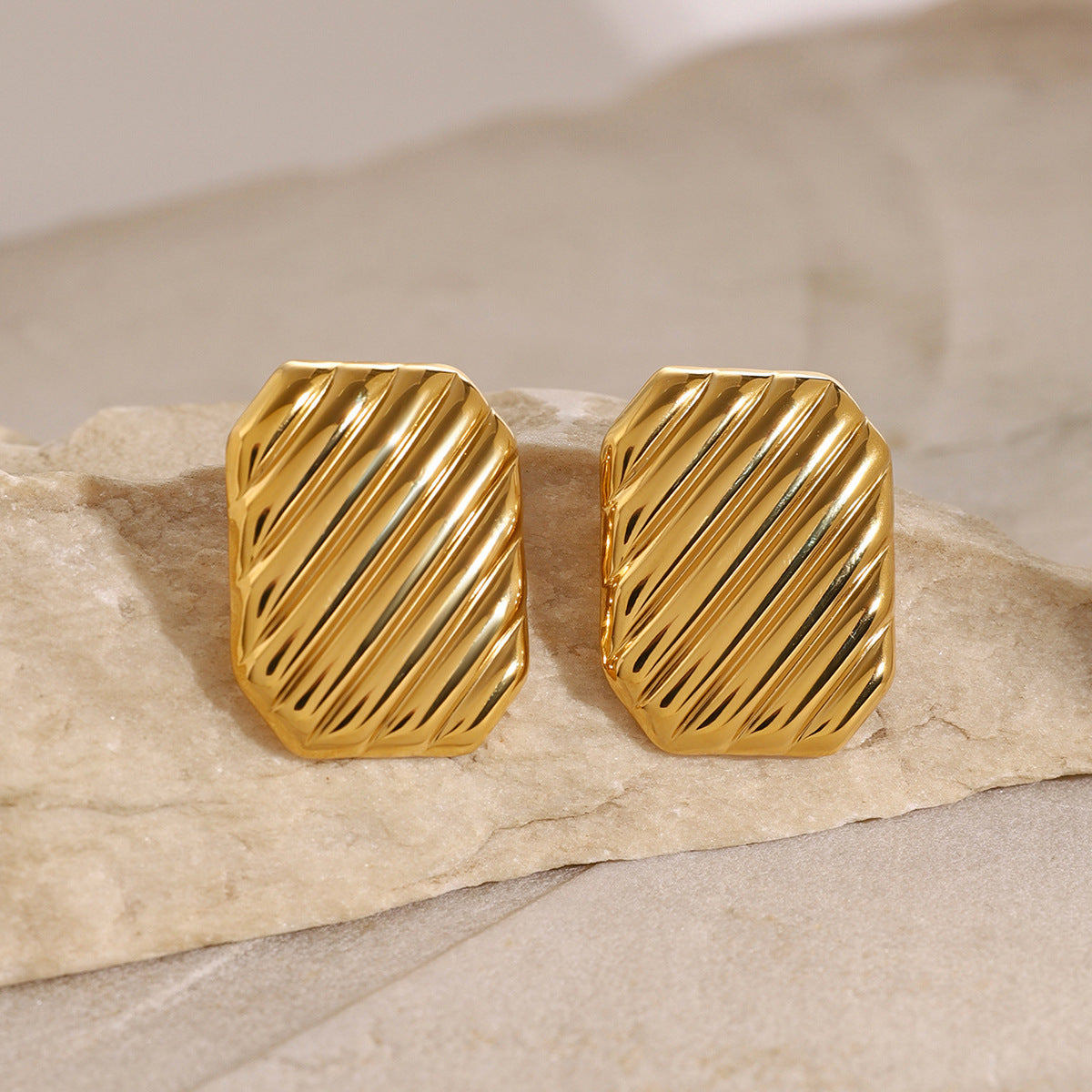 Fashionable Geometric Stainless Steel Stud Earrings with Wavy Texture and Plated Finish for Women