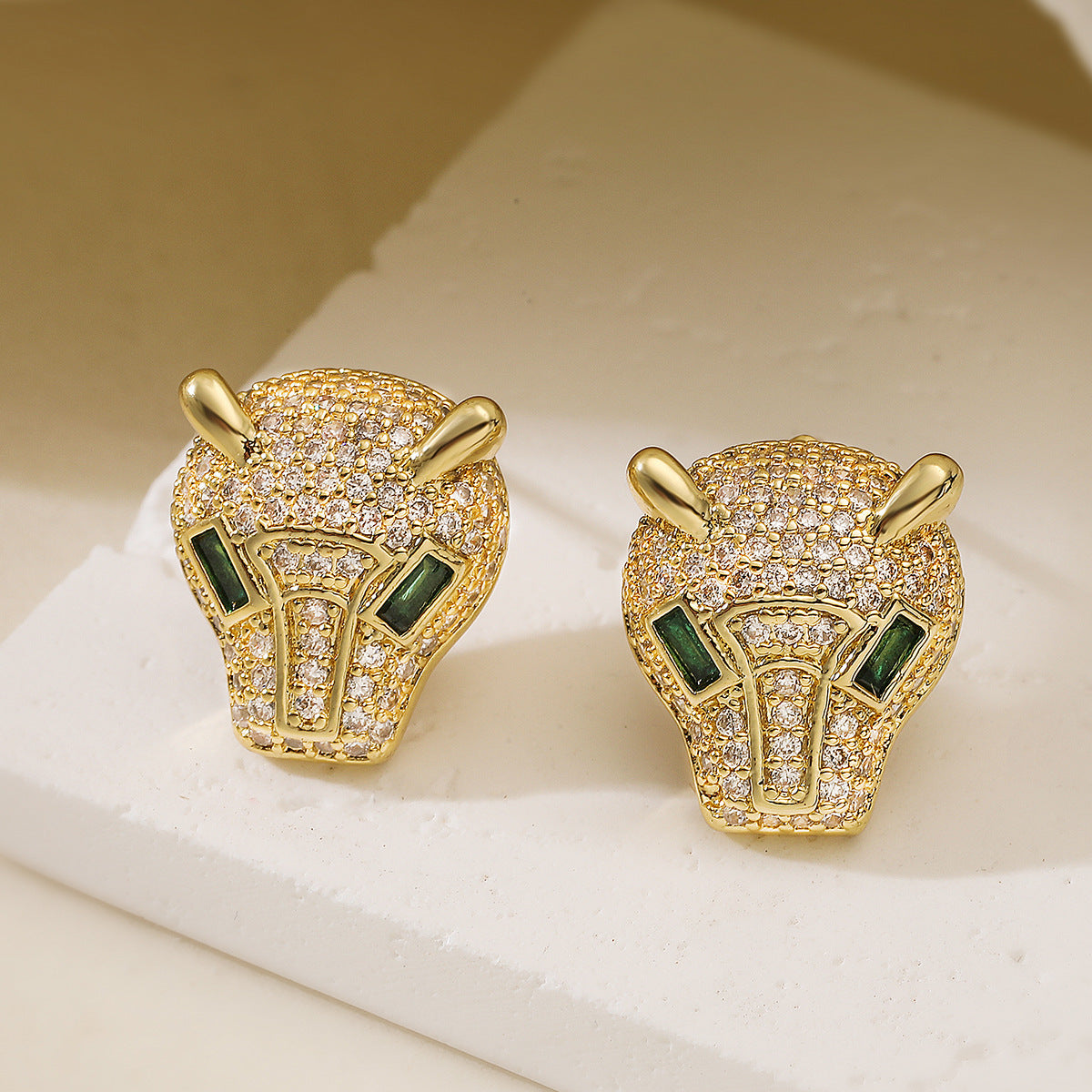 Minimalist 18K Gold Plated Brass Geometric Leopard Head Stud Earrings with Cubic Zirconia for Women