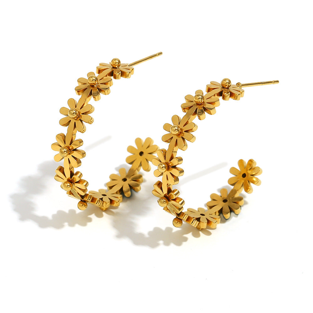 Fashion Vintage 18K Gold Plated Stainless Steel Floral C-Shaped Hoop Earrings for Women