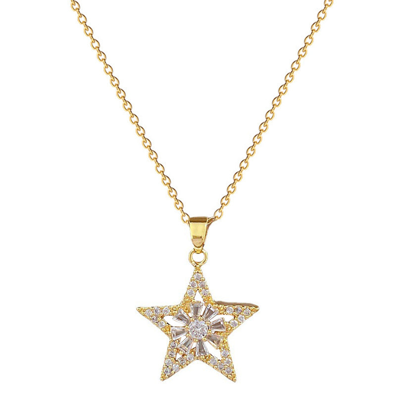 Luxury Titanium Steel Geometric Star and Flower Pendant Necklace Set with Rhinestone Inlay for Women Formal Events