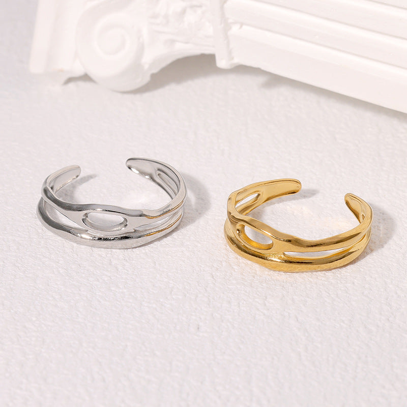 Anello da donna in acciaio inossidabile placcato oro, a doppio strato, geometrico e cavo, stile minimalista
