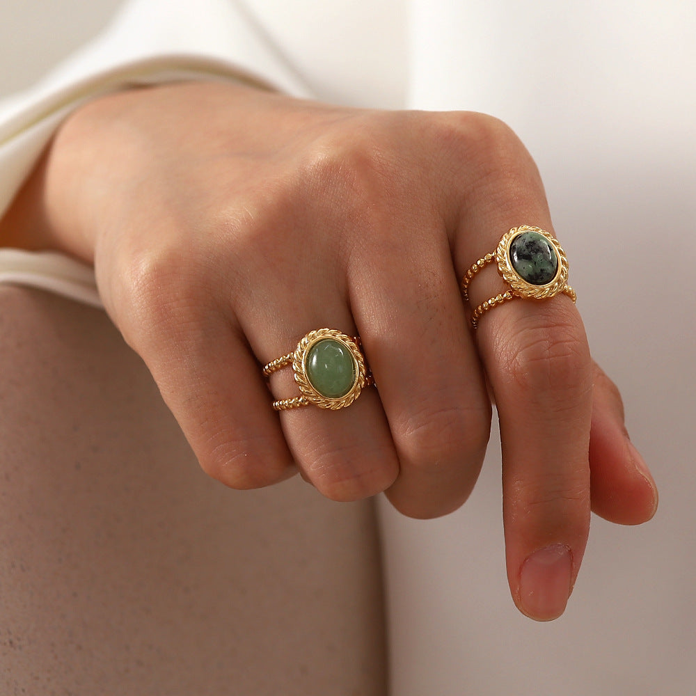 Anello da donna in acciaio inossidabile con motivo geometrico stile vintage e intarsi in pietra naturale, anello alla moda con fascia aperta regolabile