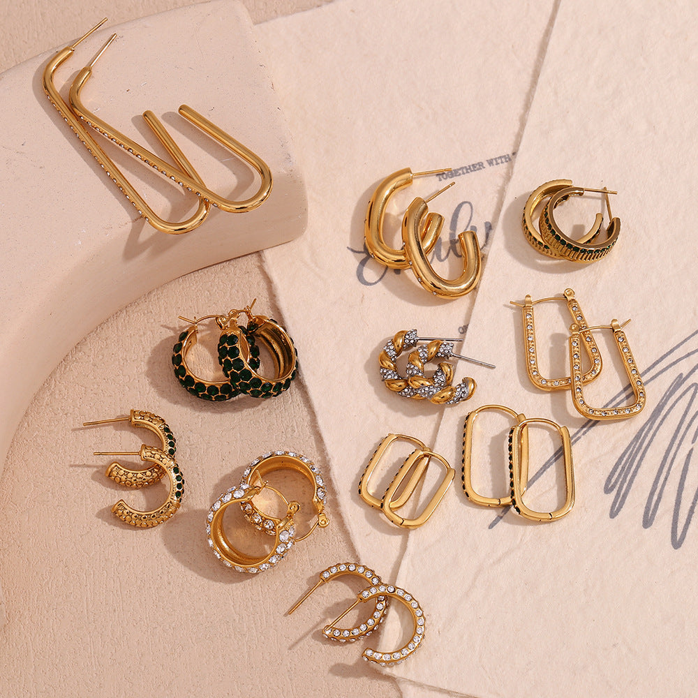 Fashion Minimalist Geometric C-Shaped Zirconia-Set Stainless Steel Earrings with 18K Gold Plating for Women