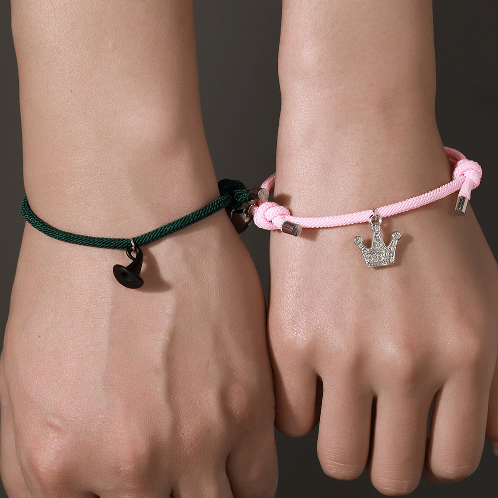 Streetwear Rhinestone Inlay Crown and Witch Hat Charm Bracelet for Couples