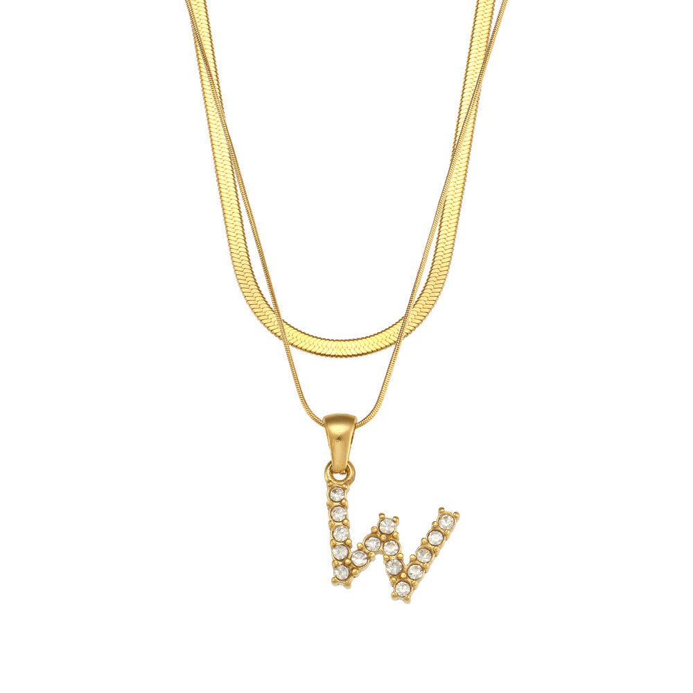 Fashionable Minimalist Letter Pendant Necklace in Stainless Steel with 18K Gold Plating and Cubic Zirconia on Double Snake Chain for Women