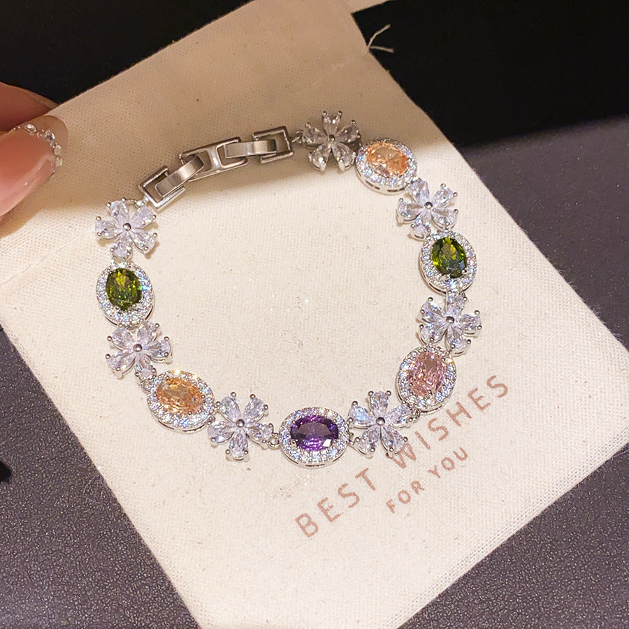 Luxury Elegant Oval Geometric Cubic Zirconia Inlaid Brass Bracelet for Women
