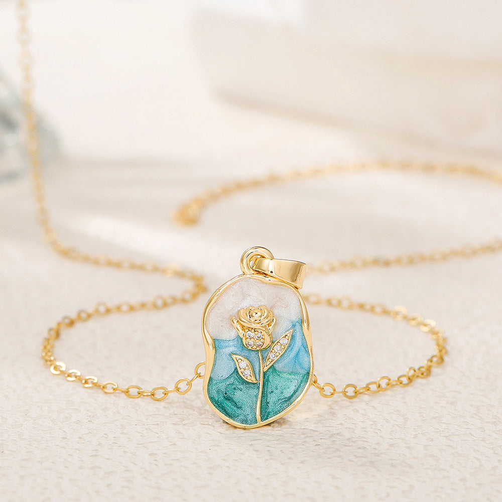Elegant Drip Oil Floral Brass Gold Plated Necklace with Cubic Zirconia Inlay Cable Chain