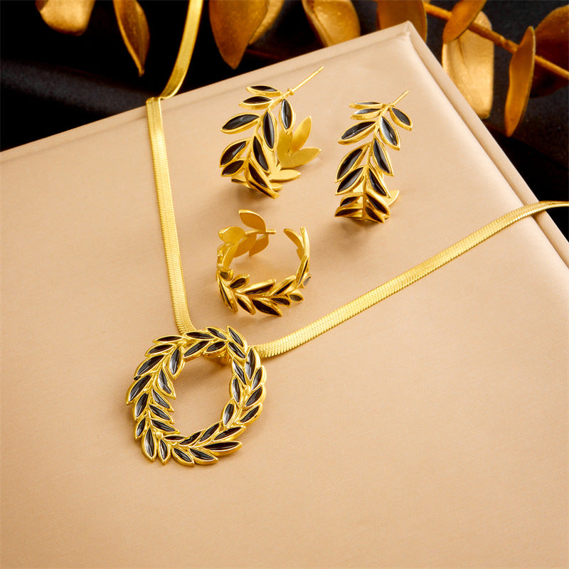 Vintage Women's Stainless Steel Plated Leaf Pendant Necklace Earrings Bracelet Set