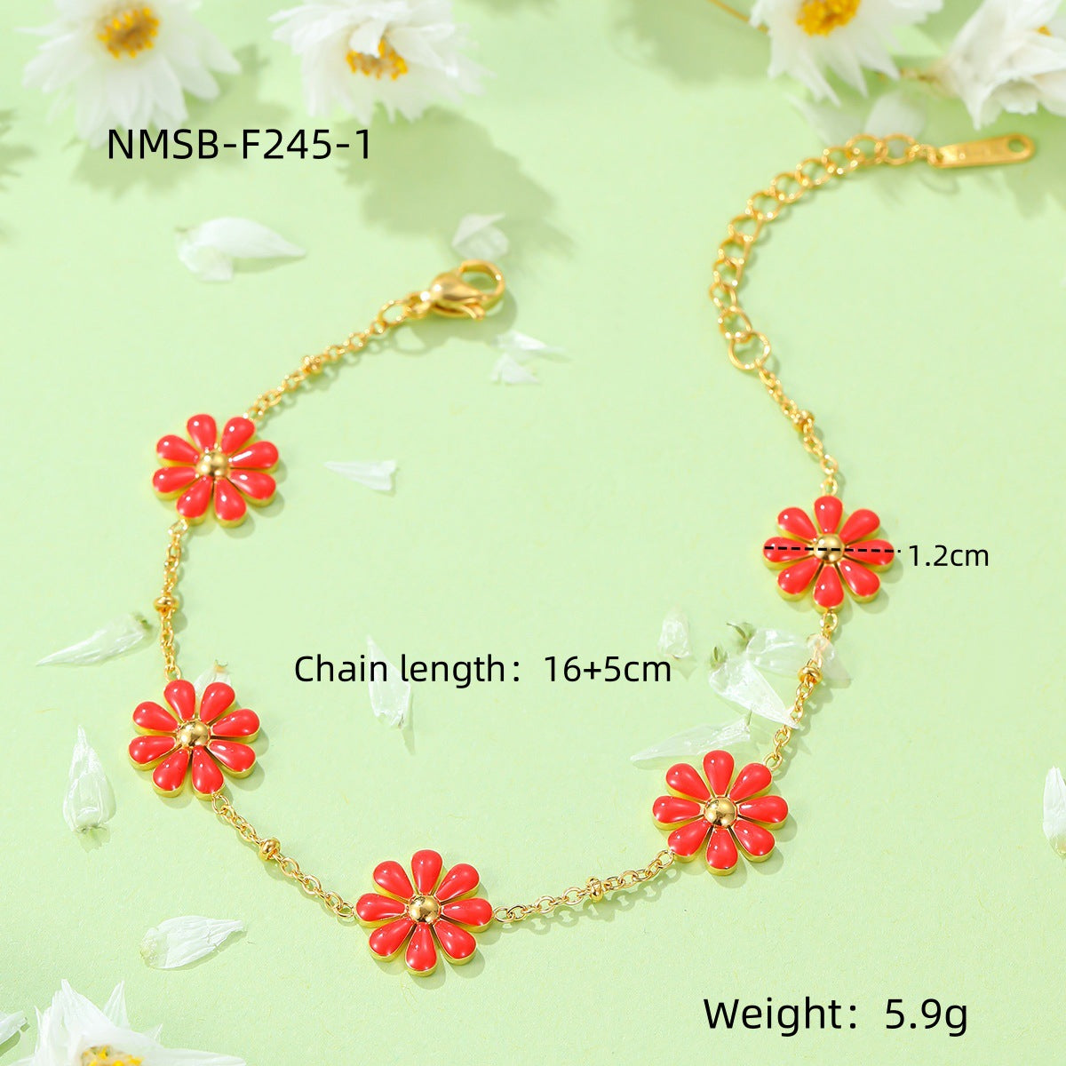 Sweet Minimalist 18K Gold Plated Titanium Steel Daisy Pearl Enamel Bracelet for Women