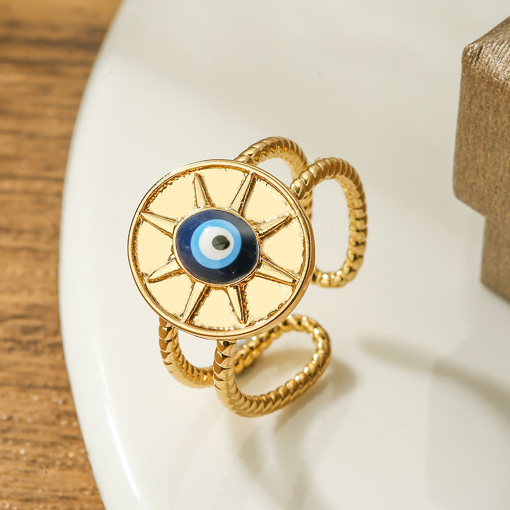 Anello Minimalista Geometrico in Rame con Placcatura in Oro Vero e Intarsio di Zirconi, Fascia Regolabile Impilabile da Donna