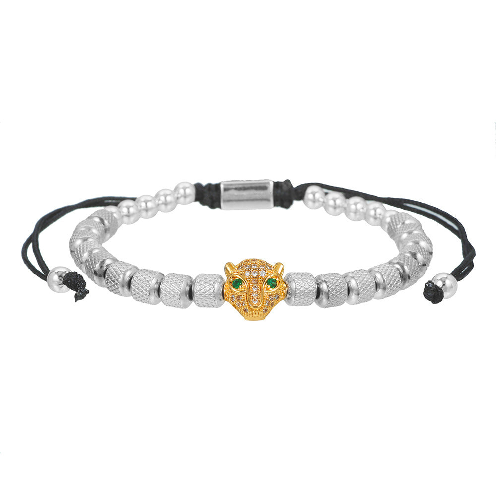 Micro-Paved Cubic Zirconia Leopard Head Stainless Steel Geometric Bracelet